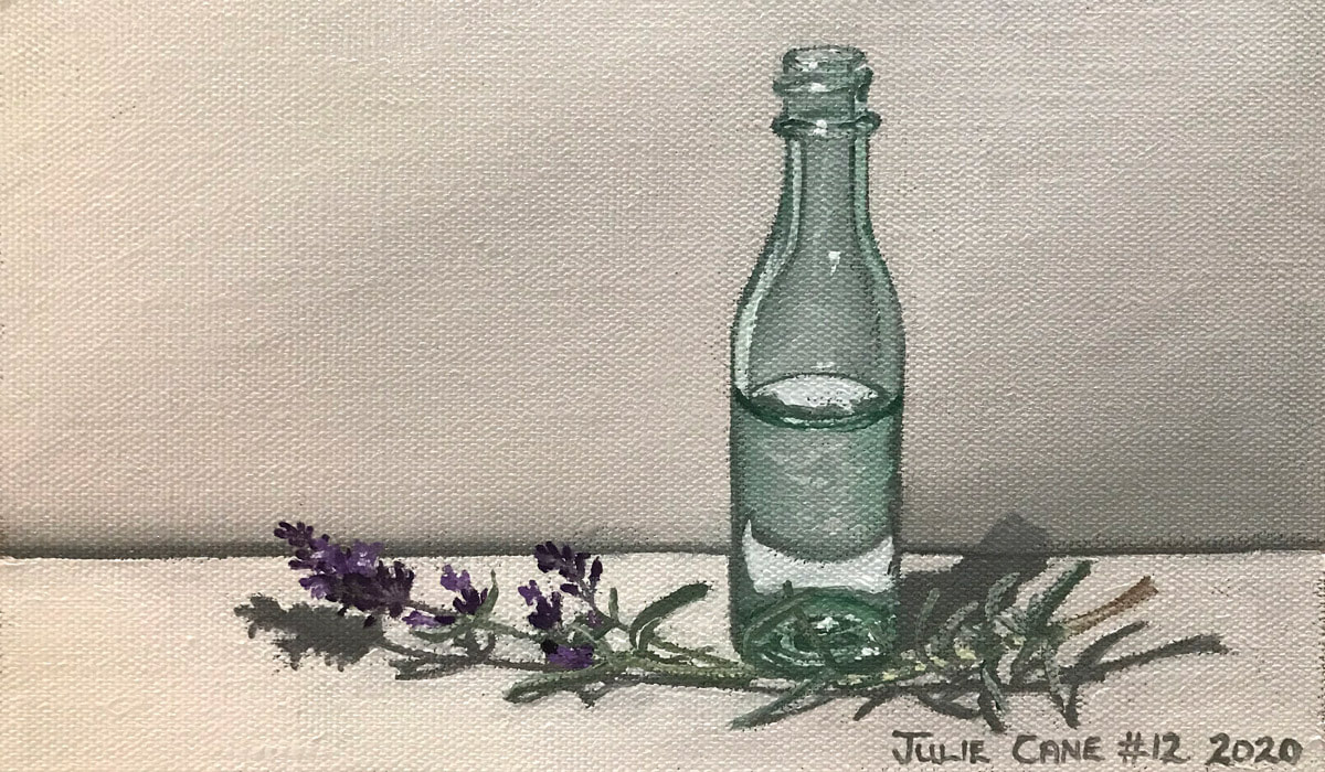 Oil Painting still life by Julie Cane of bottle and lavender