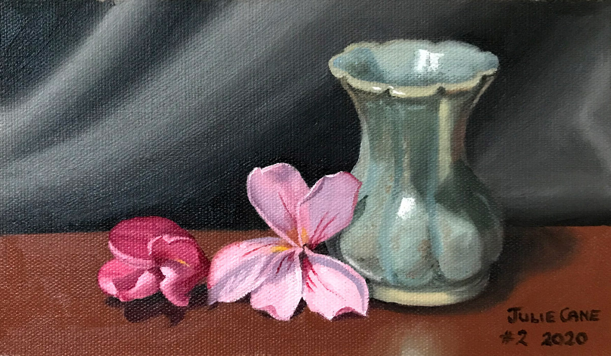 Oil Painting still life by Julie Cane of green vase and pink frangipani