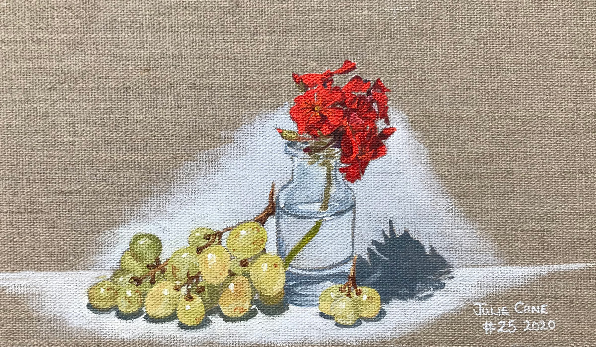 Oil Painting still life by Julie Cane of pelargonium and grapes