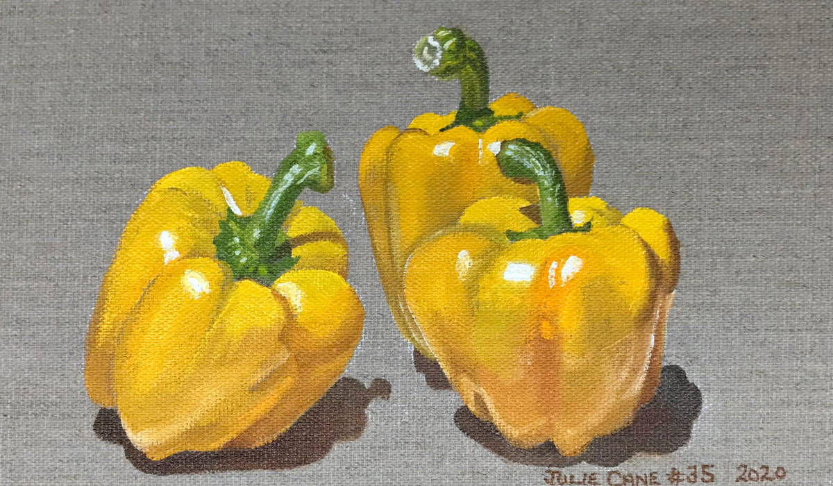 Oil Painting still life by Julie Cane of Yellow Capsicums