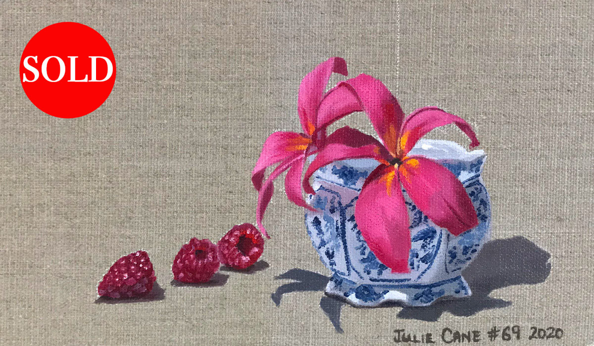 Oil Painting still life by Julie Cane of blue and white vase with frangipani and raspberries