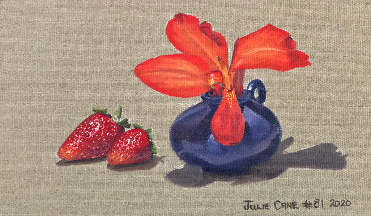 Oil Painting still life by Julie Cane of Strawberries and  Canna Lily flower