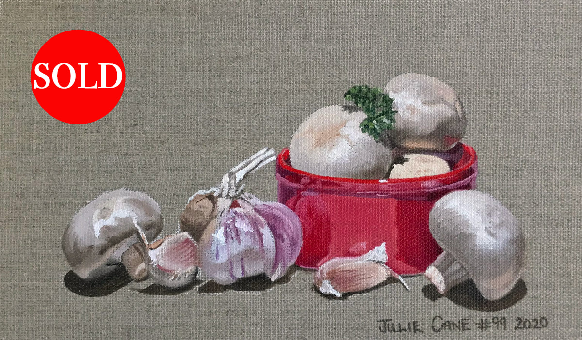 Oil Painting still life by Julie Cane of Garlic and mushrooms with a red pot