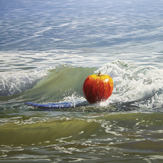 Apple on a surf board, seascape, surreal image, Julie Cane, Julie Cane Fine Art, Oil painting.