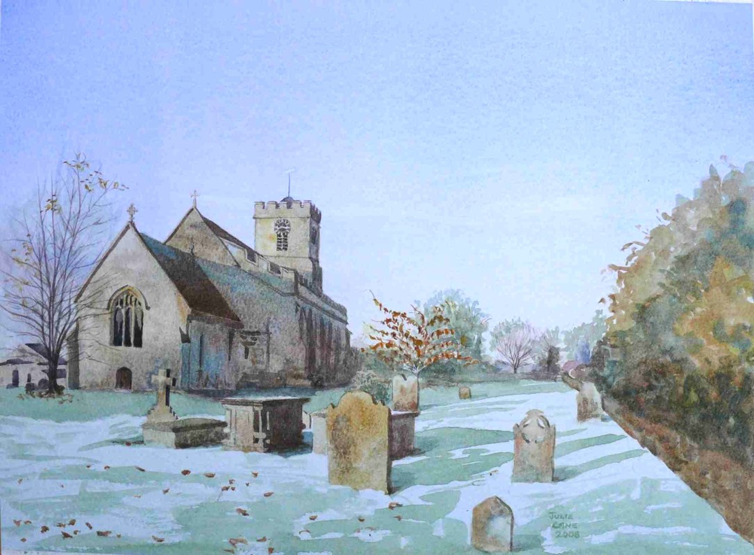 Winter's morning Brinkworth Church Watercolour Painting Julie Cane