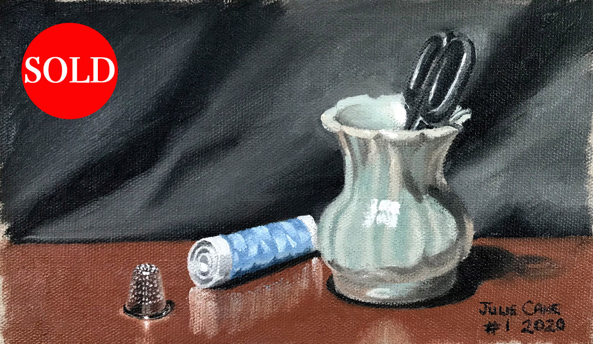 Oil Painting still life by Julie Cane of haberdashery and green vase