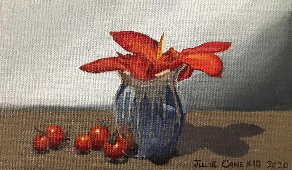 Oil Painting still life by Julie Cane of blue vase tomatoes and canna lily flowers