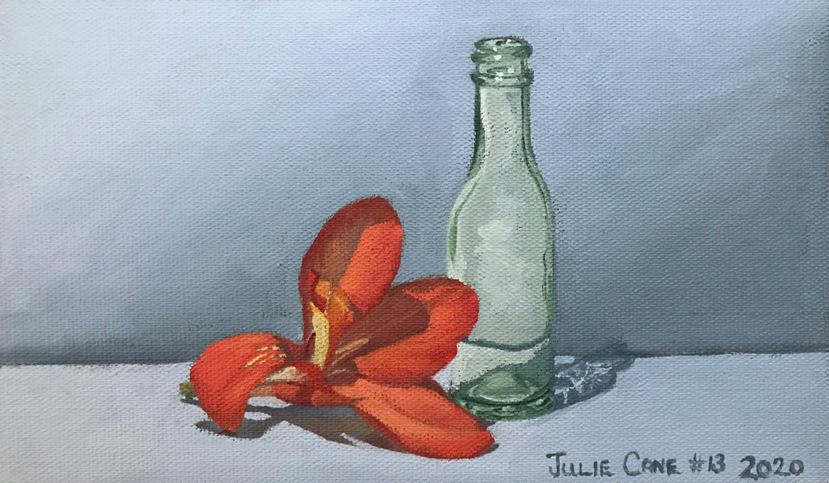 Oil Painting still life by Julie Cane of bottle and canna lily