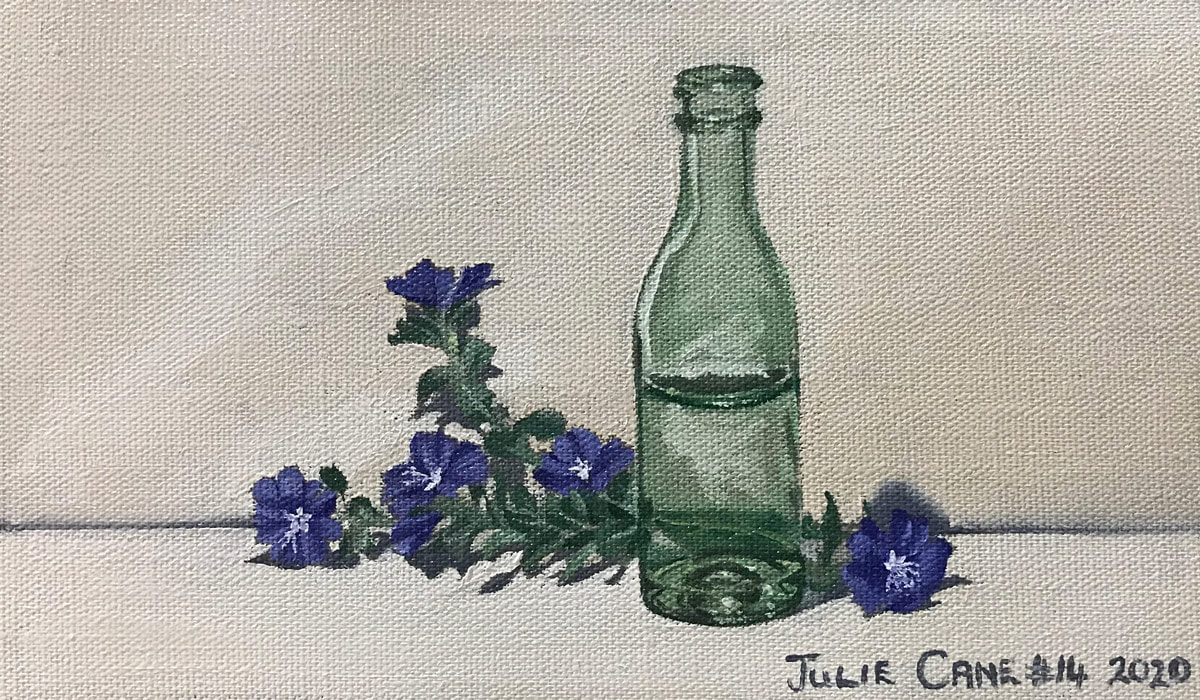 Oil Painting still life by Julie Cane of green bottle and blue daze