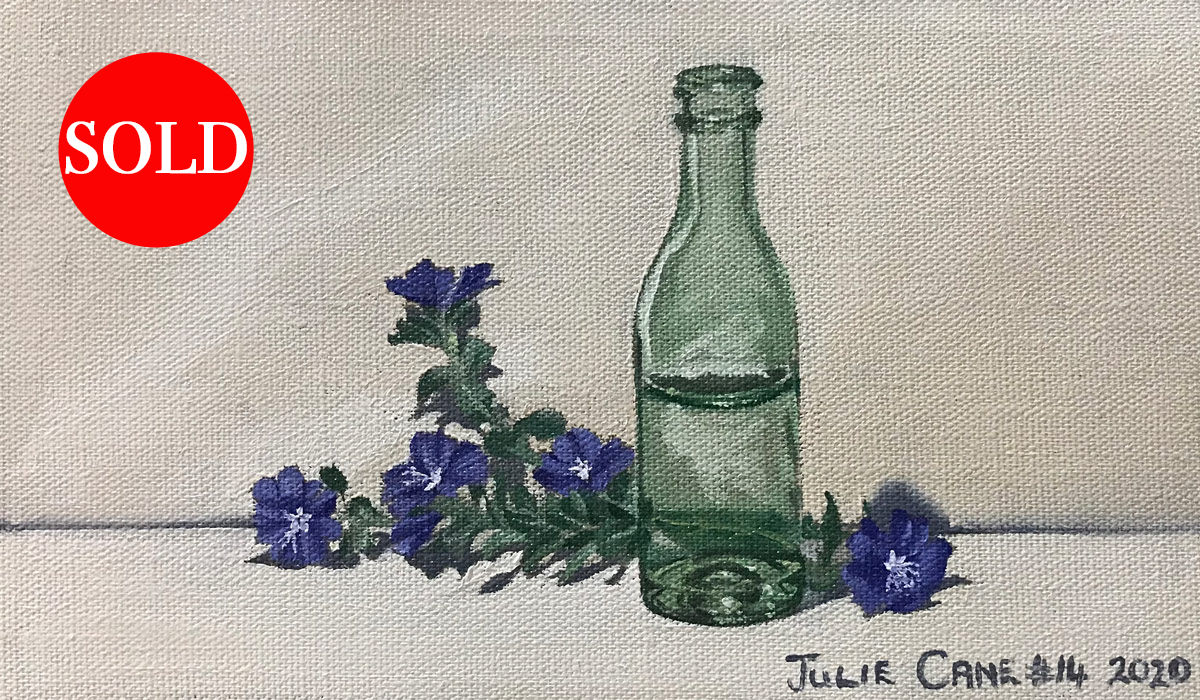Oil Painting still life by Julie Cane of green bottle and blue daze