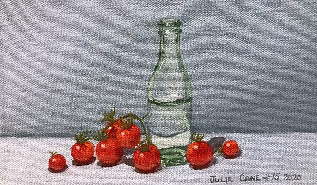 Oil Painting still life by Julie Cane of bottle and tomatoes