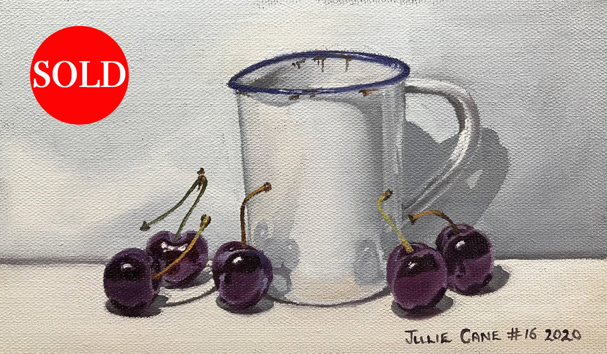 Oil Painting still life by Julie Cane of tin jug and cherries