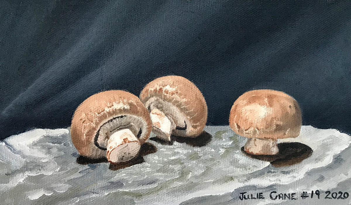 Oil Painting still life by Julie Cane of mushrooms on a rock