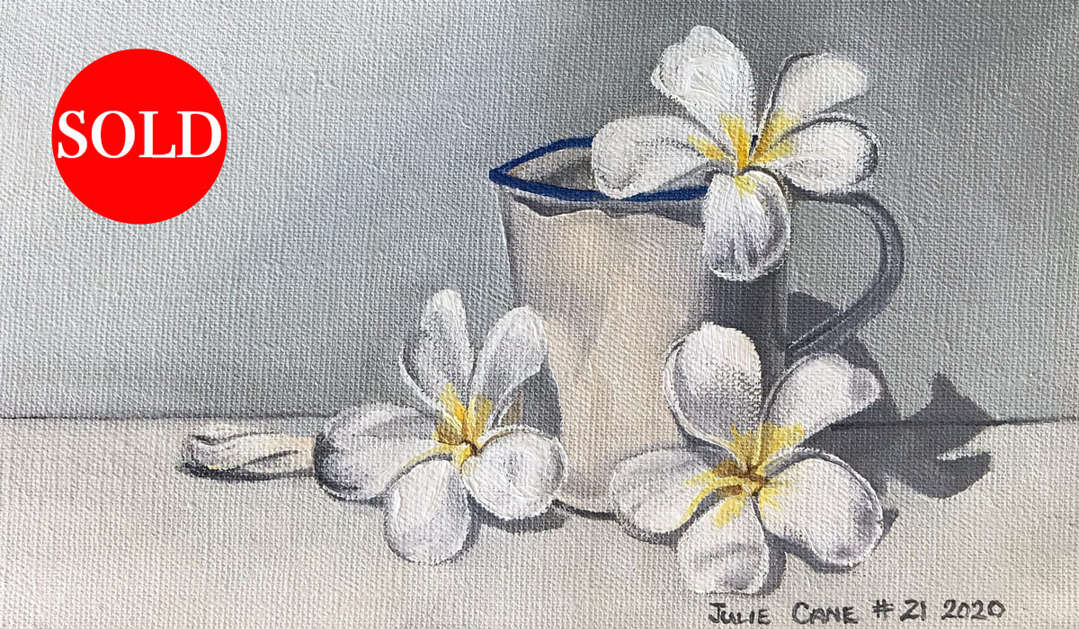 Oil Painting still life by Julie Cane of tin jug and frangipani
