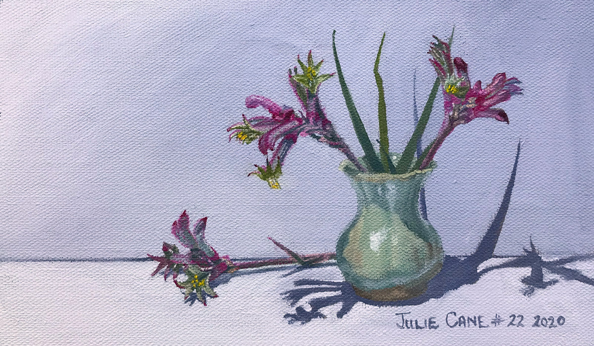 Oil Painting still life by Julie Cane of kangaroo paw in a green vase