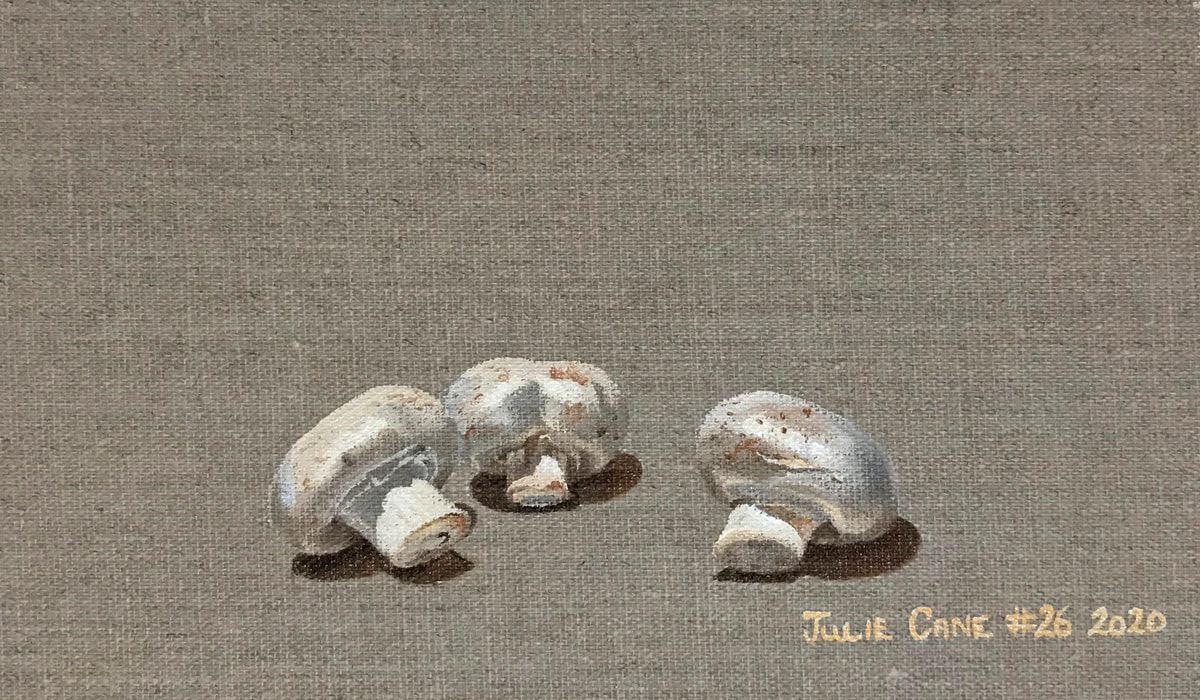 Oil Painting still life by Julie Cane of mushrooms