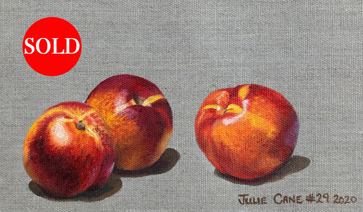 Oil Painting still life by Julie Cane of nectarines