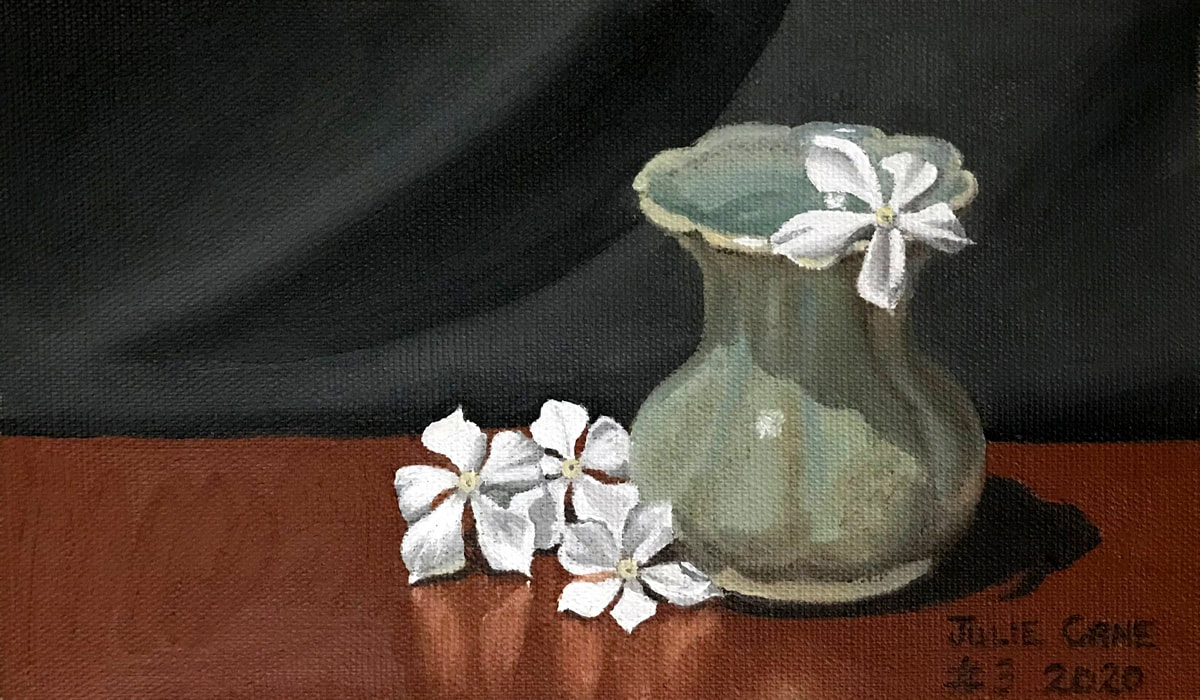 Oil Painting still life by Julie Cane of green vase and white flowers 