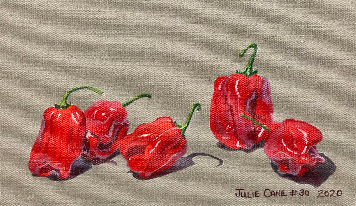 Oil Painting still life by Julie Cane of habanero chillies