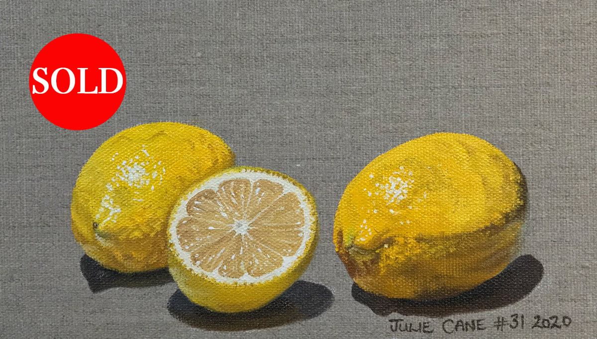 Oil Painting still life by Julie Cane of lemons