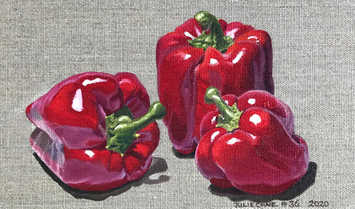Oil Painting still life by Julie Cane of Red Capsicums