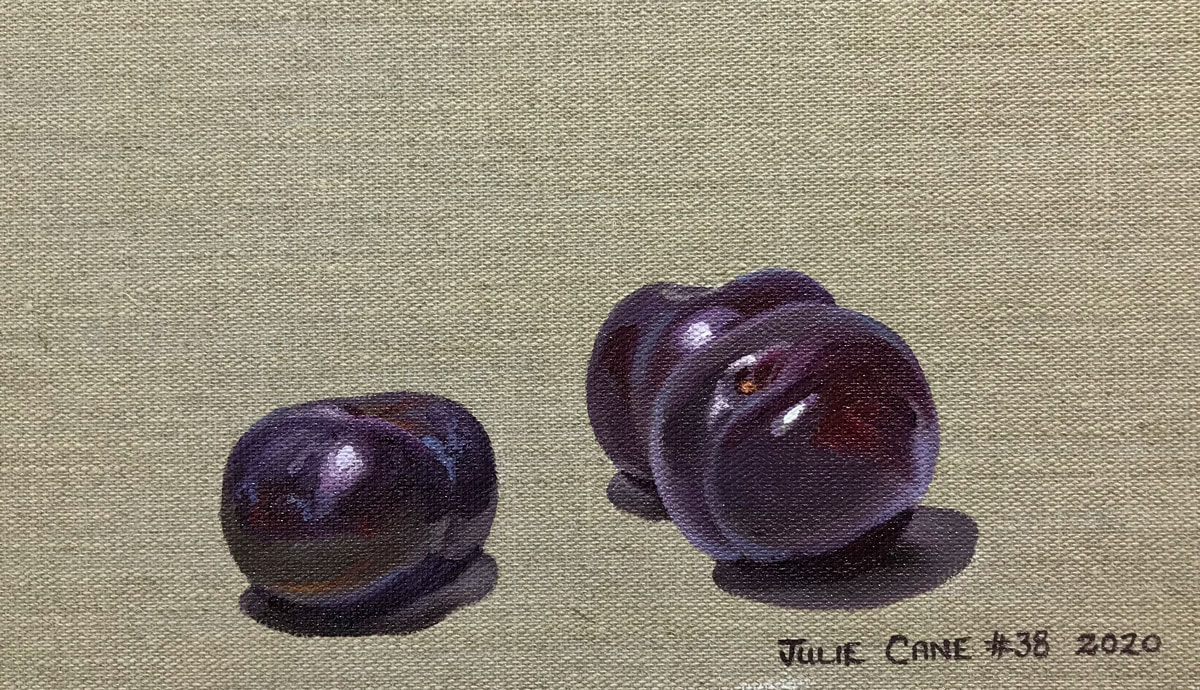 Oil Painting still life by Julie Cane of black plums
