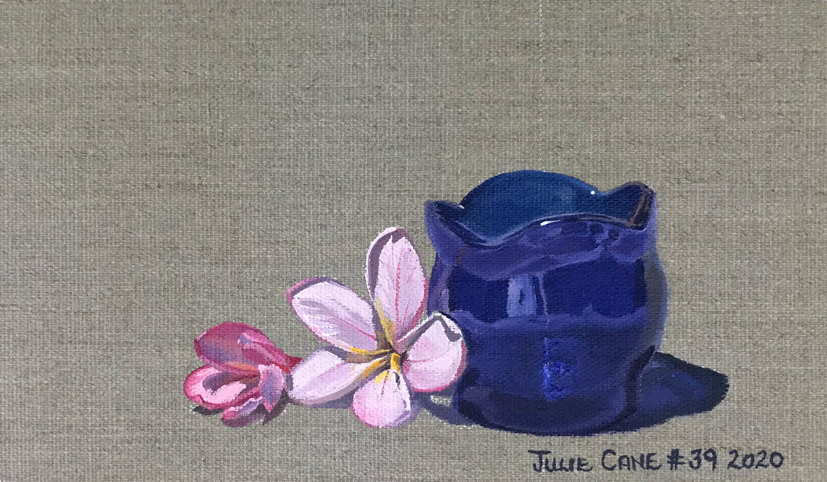 Oil Painting still life by Julie Cane of blue vase and pink frangipani 