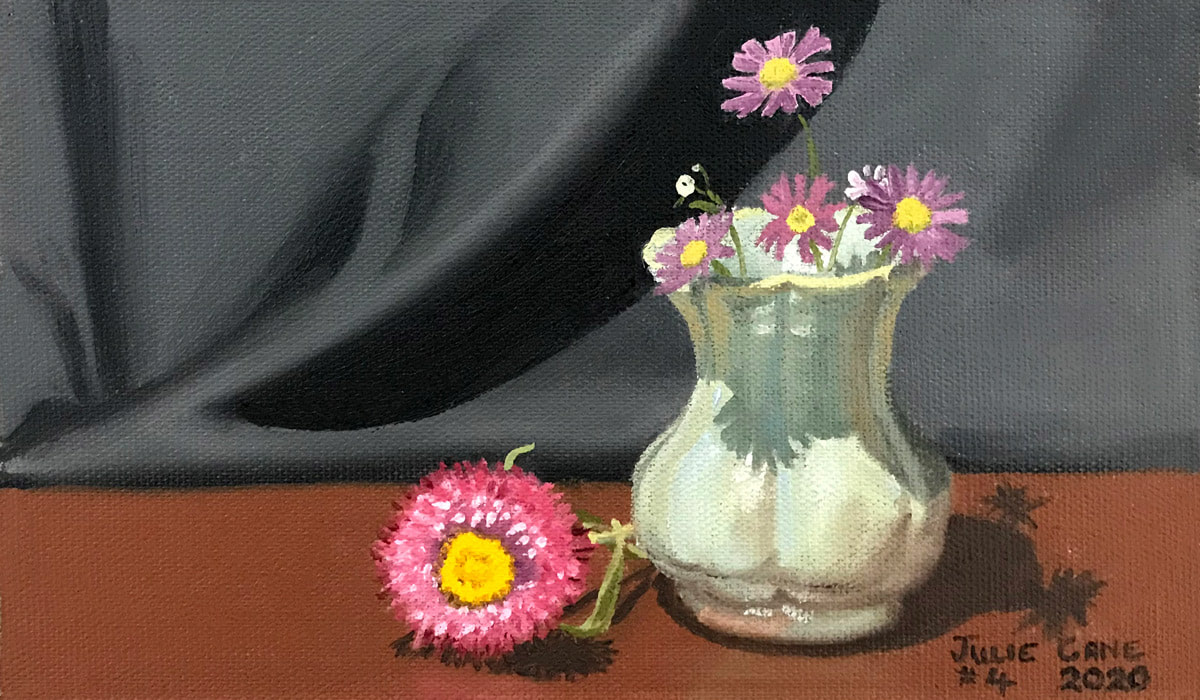 Oil Painting still life by Julie Cane of green vase and wild flowers 