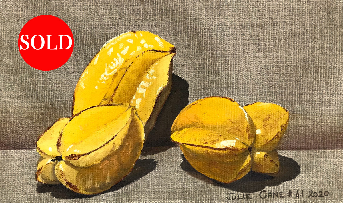 Oil Painting still life by Julie Cane of star fruit