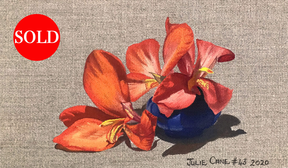 Oil Painting still life by Julie Cane of canna lilies and blue jug