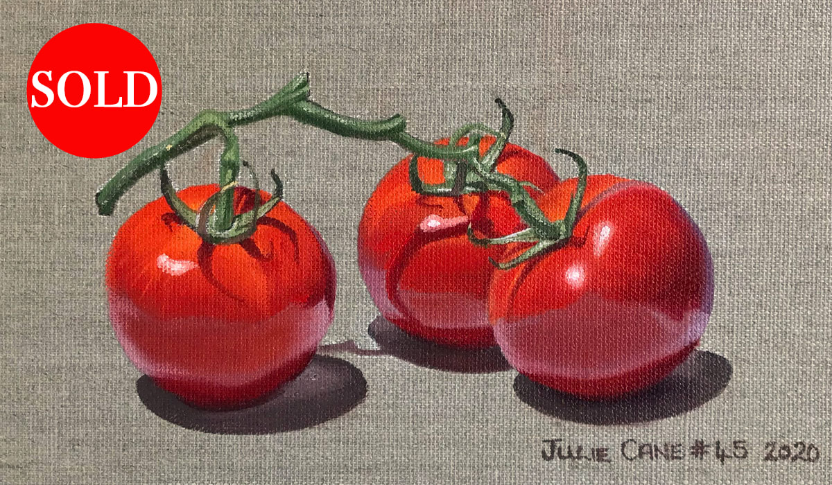 Oil Painting still life by Julie Cane of tomatoes on the vine