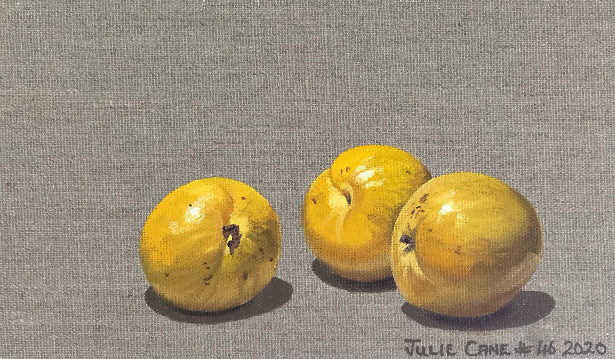 Oil Painting still life by Julie Cane of yellow plums