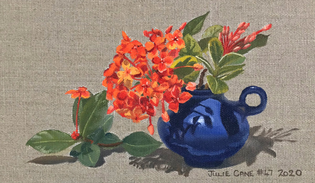 Oil Painting still life by Julie Cane of blue jug and Ixora flowers