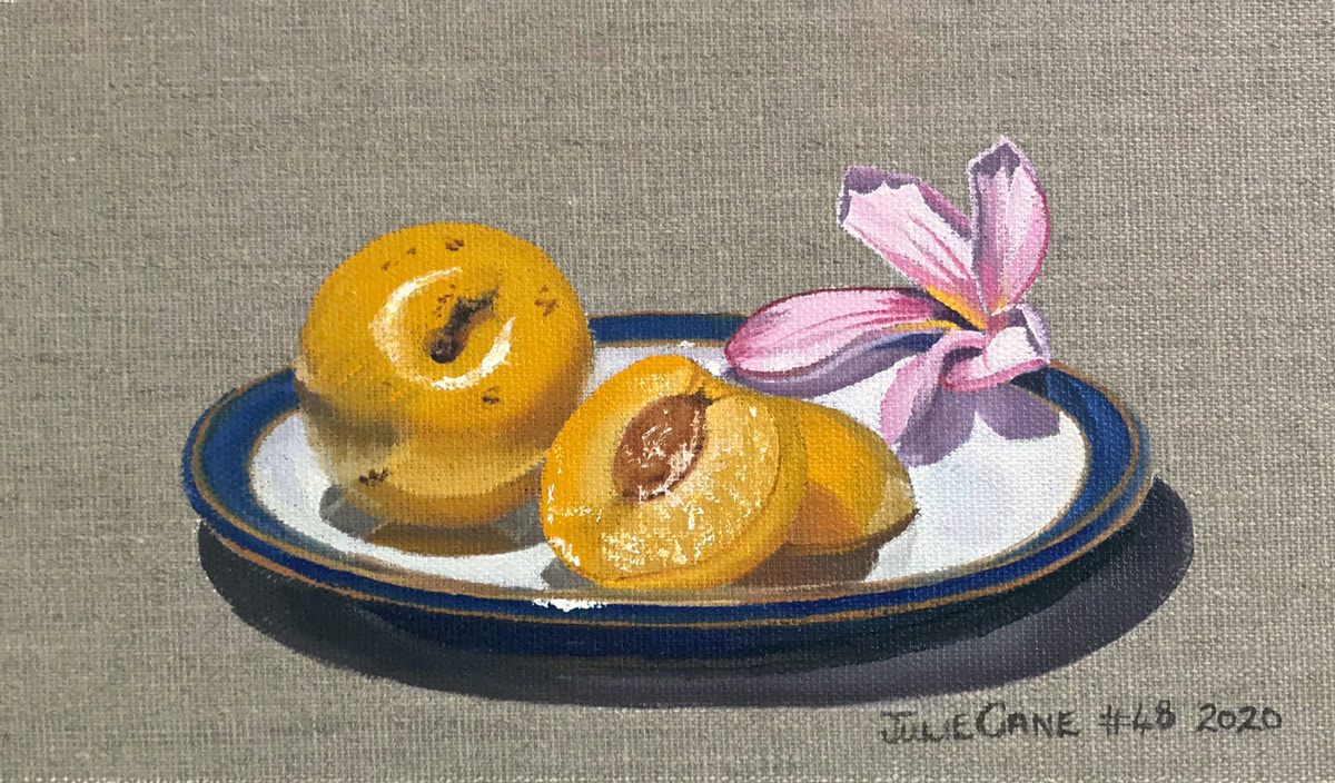 Oil Painting still life by Julie Cane of yellow plums on a plate with pink flower