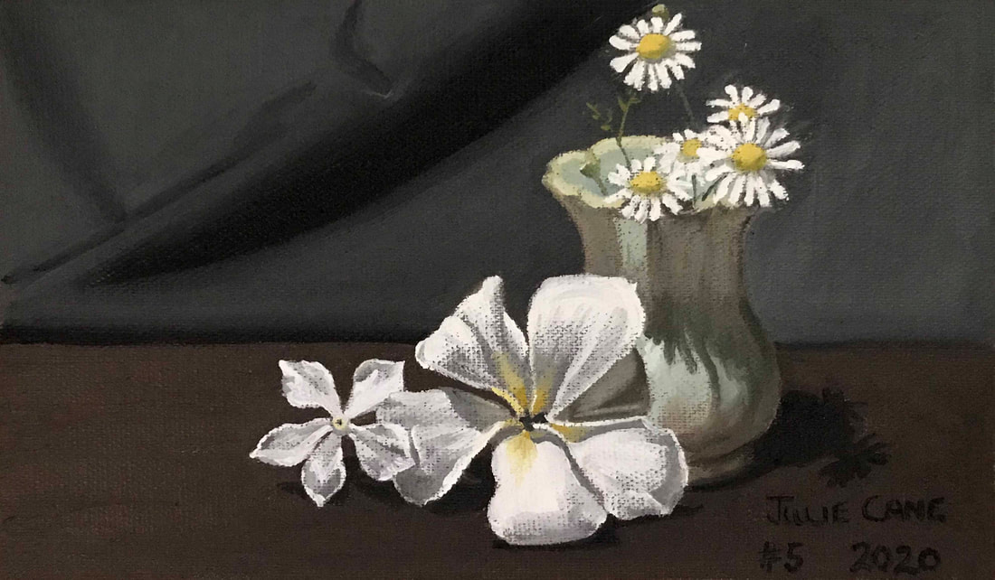 Oil Painting still life by Julie Cane of green vase and white flowers