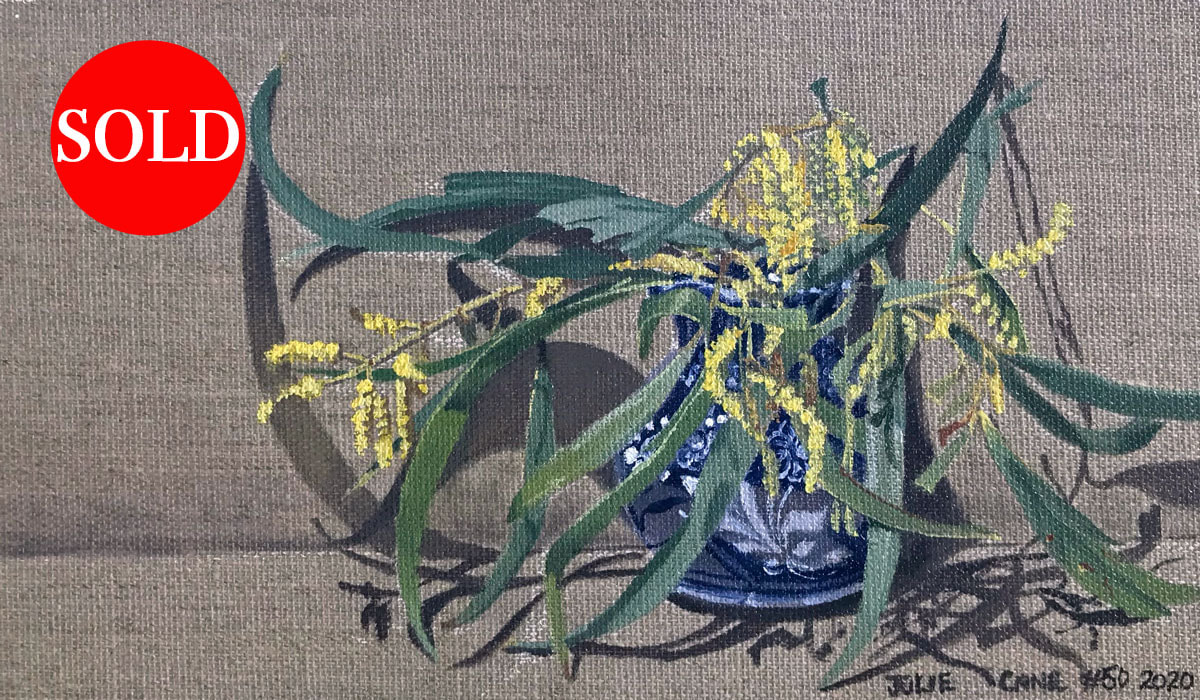 Oil Painting still life by Julie Cane of wattle in a blue vase