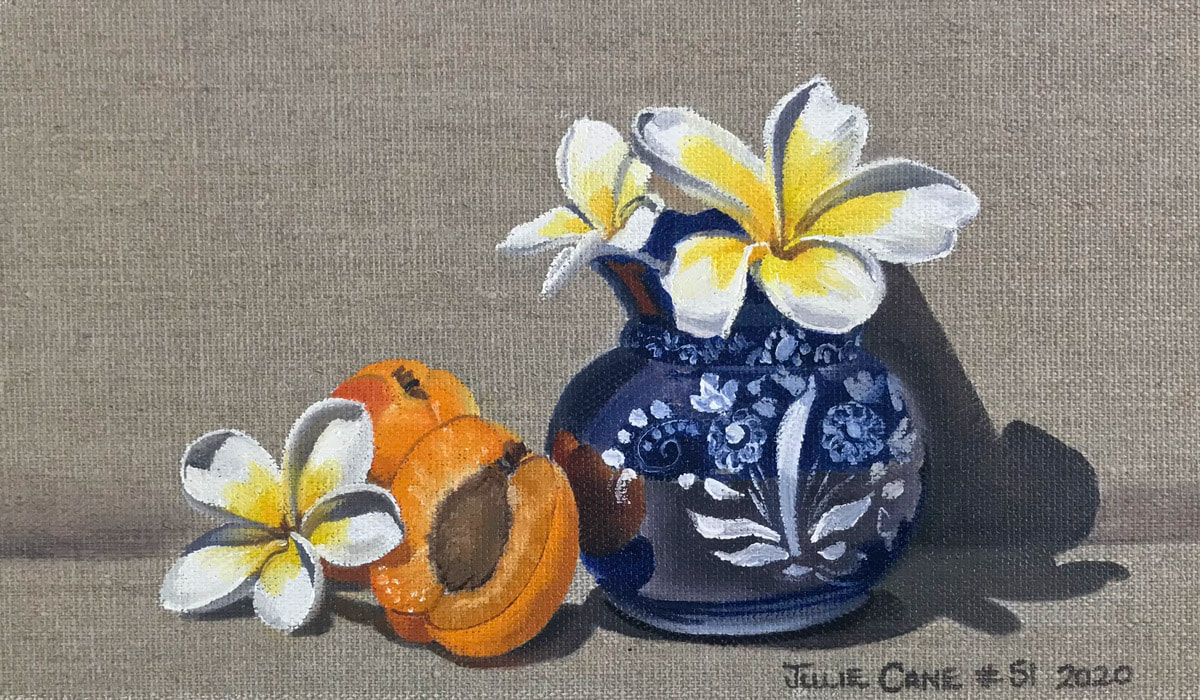 Oil Painting still life by Julie Cane of blue vase apricots and frangipani