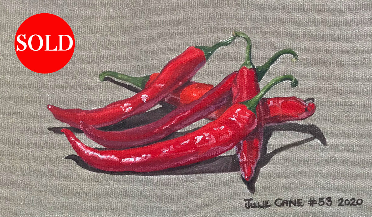 Oil Painting still life by Julie Cane of red chilies