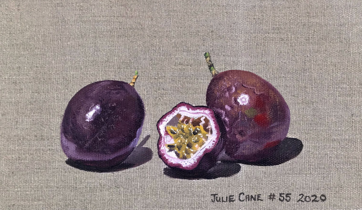 Oil Painting still life by Julie Cane of passion fruit