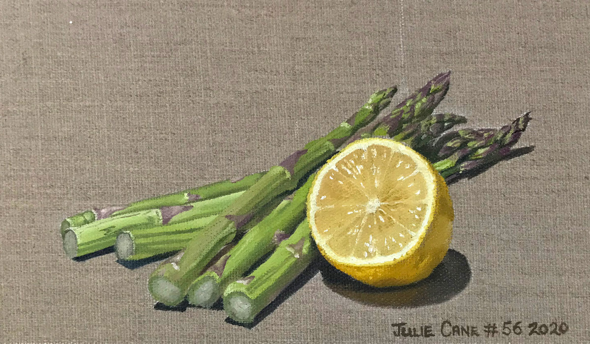 Oil Painting still life by Julie Cane of asparagus and lemon