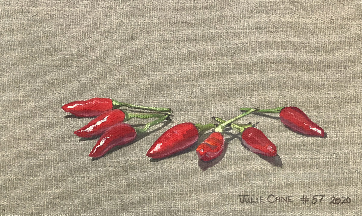Oil Painting still life by Julie Cane of birds eye chillies