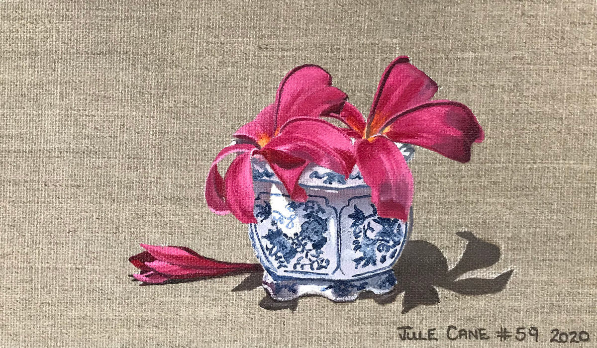 Oil Painting still life by Julie Cane of frangipani and blue in white vase