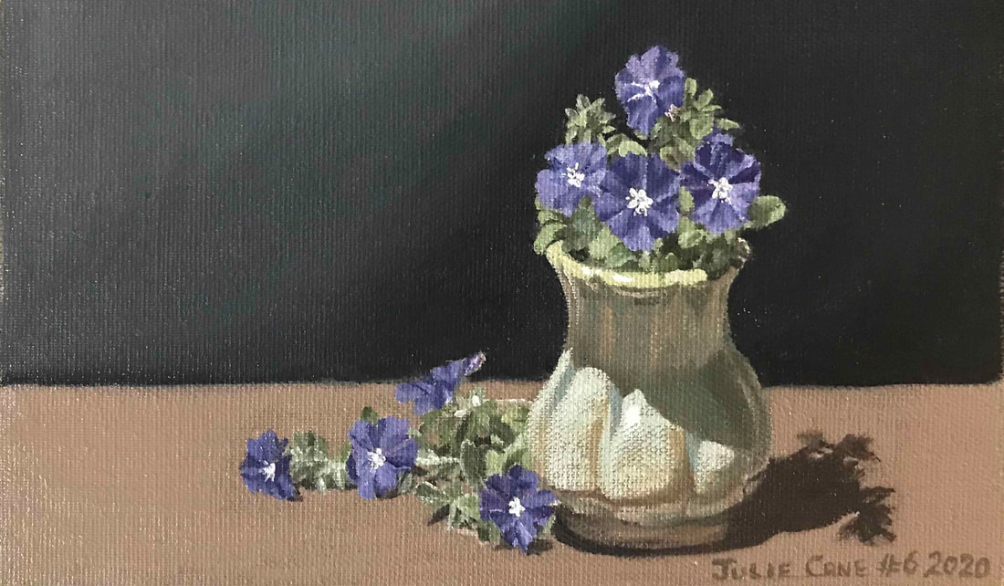 Oil Painting still life by Julie Cane of green vase and blue flowers