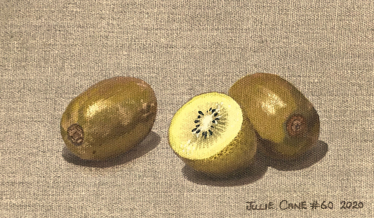 Oil Painting still life by Julie Cane of golden kiwi fruit