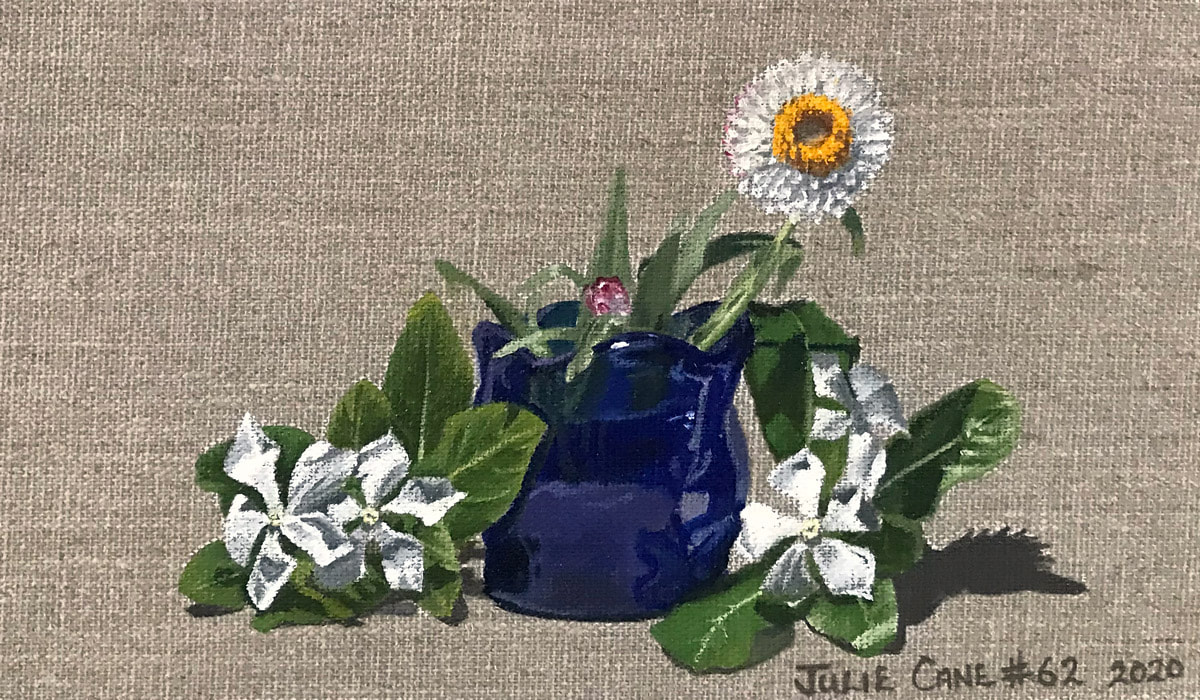 Oil Painting still life by Julie Cane of blue vase and white flowers 