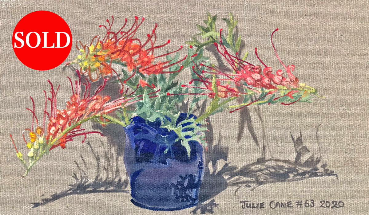 Oil Painting still life by Julie Cane of blue vase and grevillea
