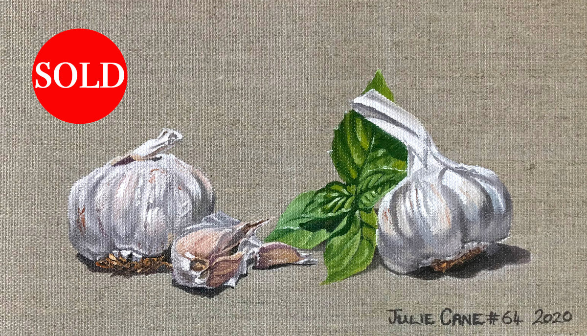 Oil Painting still life by Julie Cane of garlic and basil