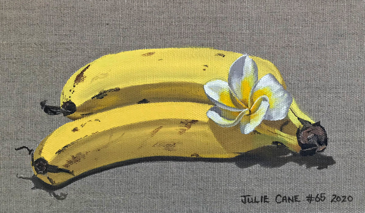 Oil Painting still life by Julie Cane of bananas and frangipani flower