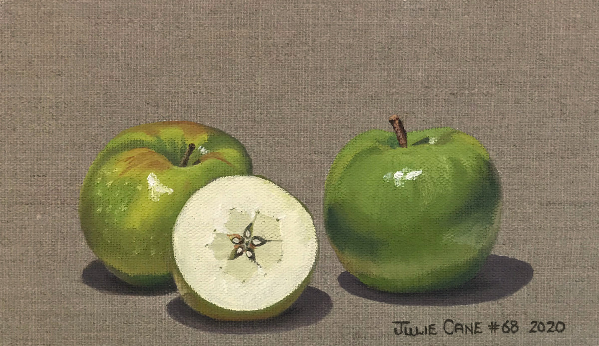 Oil Painting still life by Julie Cane of Granny Smith Apples