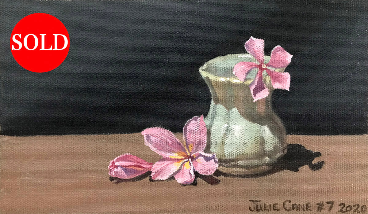 Oil Painting still life by Julie Cane of green vase and pink flowers